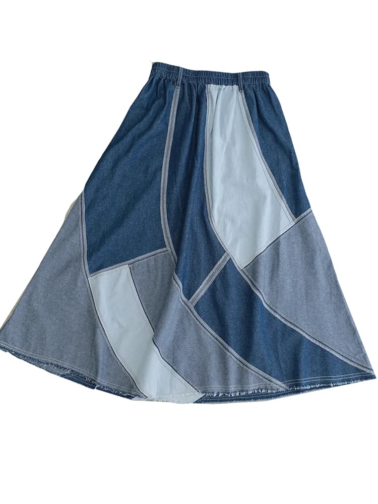 デニムスカート パッチワーク風デニムロングフレアスカート