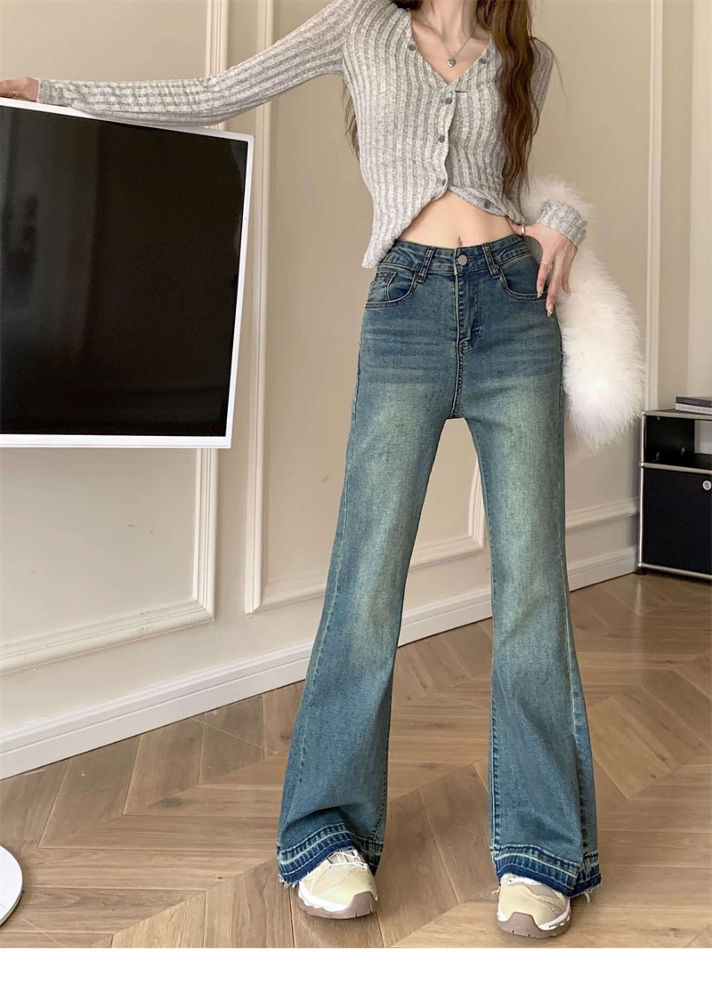 韓国スタイル レトロフレアデニム ハイウエストジーンズパンツ