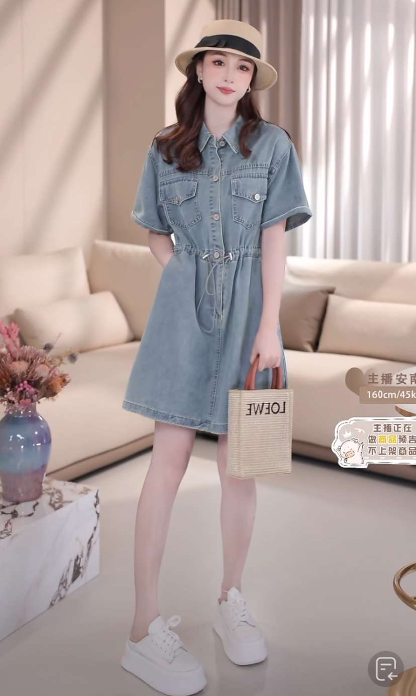 韓国スタイル 涼やかデニムシャツワンピース