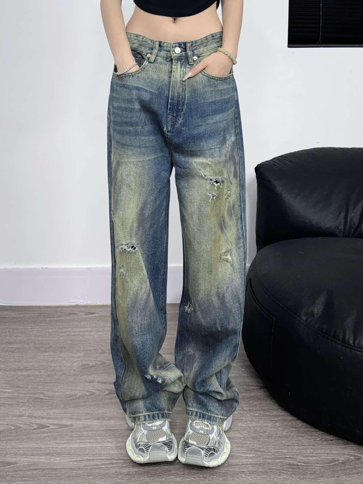 韓国ストリートスタイル ヴィンテージ風ダメージ加工ワイドデニムパンツ