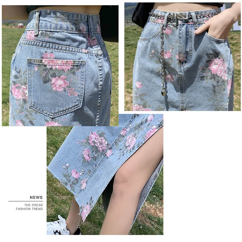 花柄デニムスカート ロング丈 スリット入り 大人可愛い