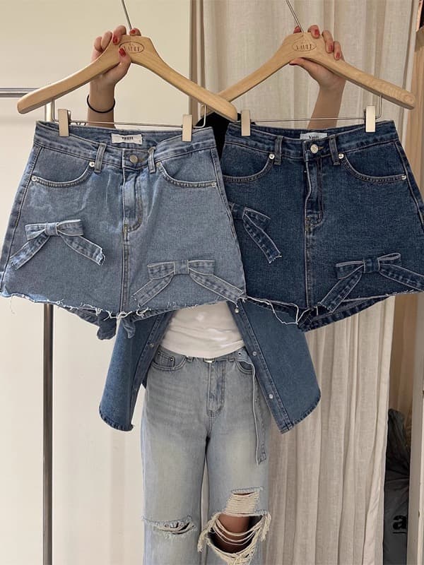 デニムスカート ハイウェスト ミニスカート リボンディテール付き