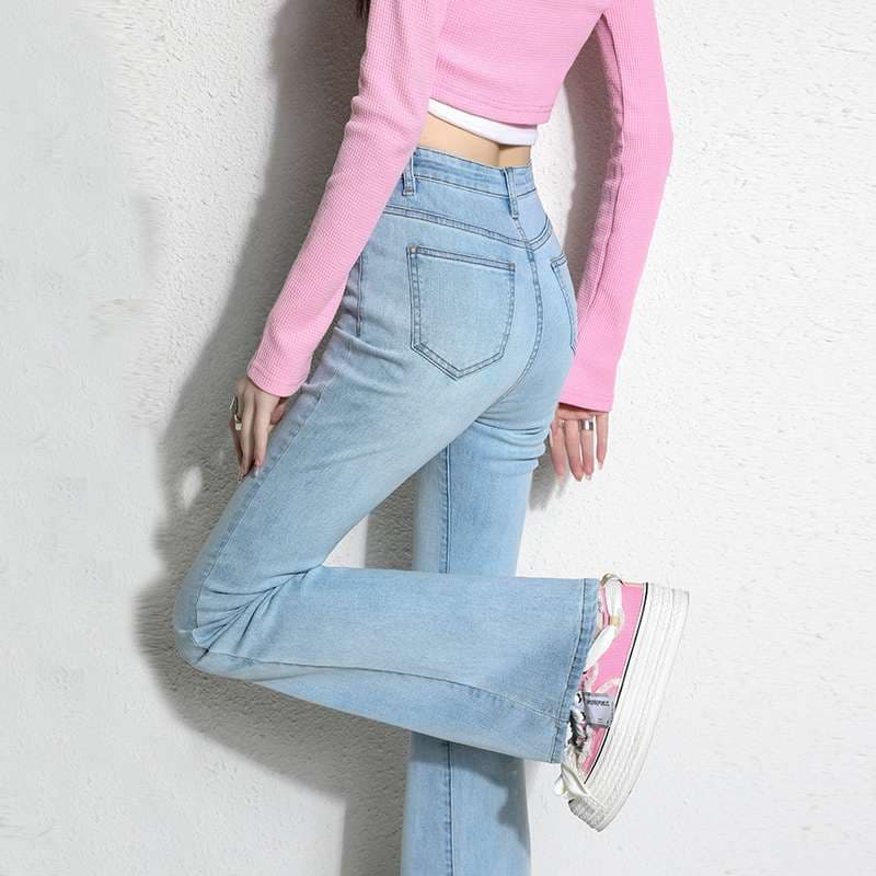 韓国スタイル ハイウエストスキニーフレアデニムパンツ