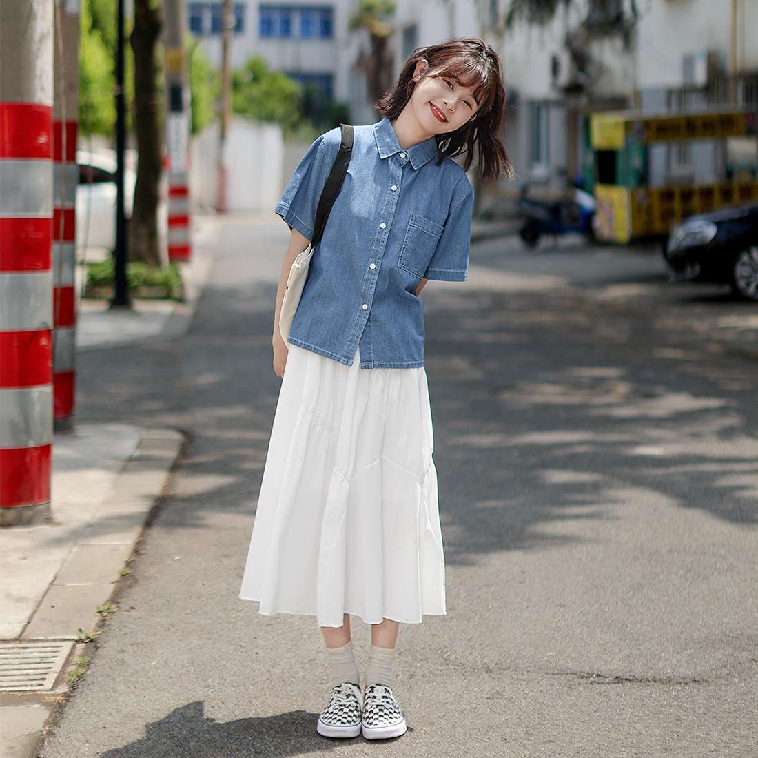 韓国スタイル 爽やかカジュアル オーバーサイズデニムシャツ