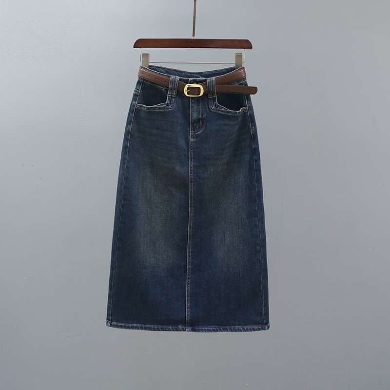 カジュアルスタイル ベルト付きデニムタイトロングスカート