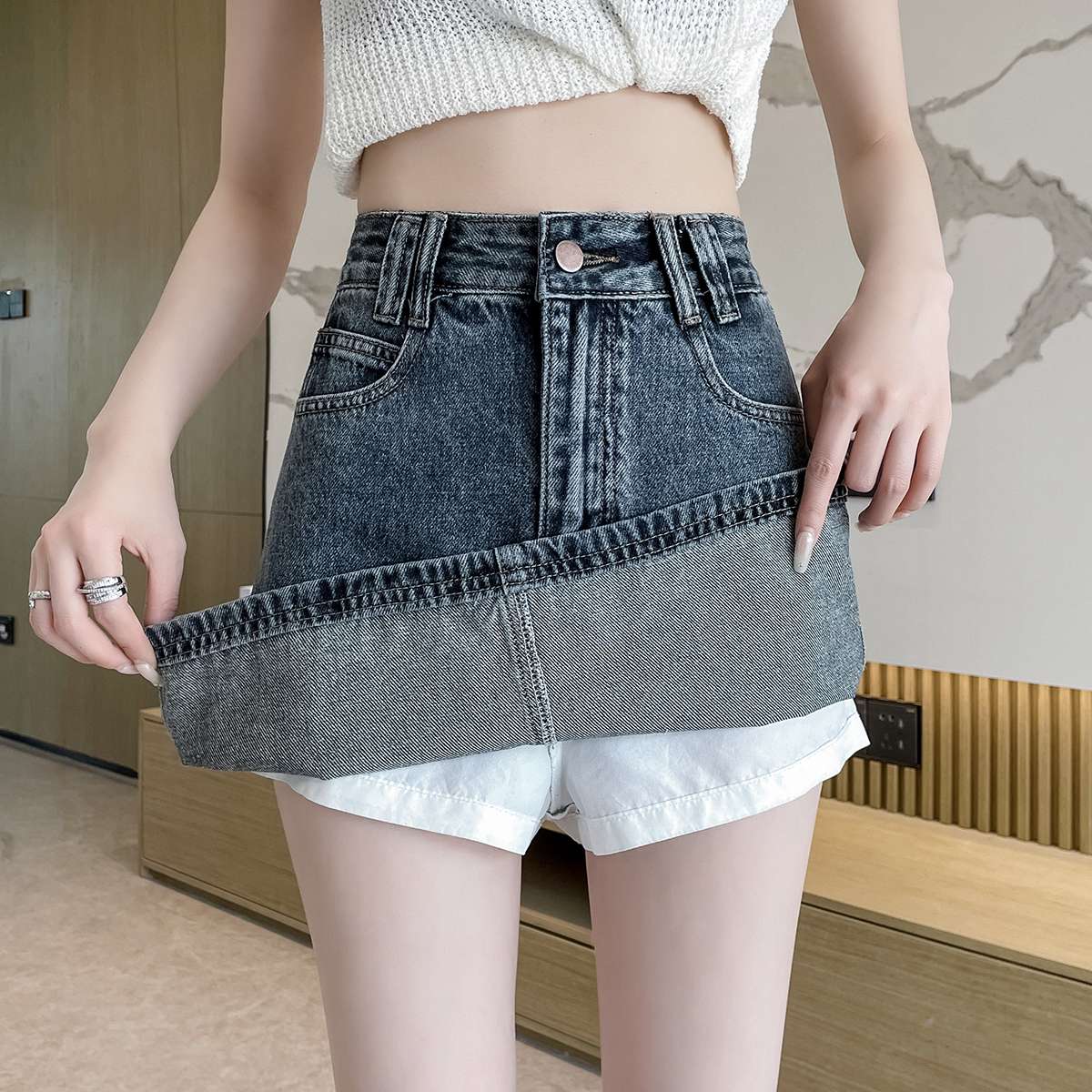 韓国スタイル 2WAYデニムミニスカート風ショートパンツ