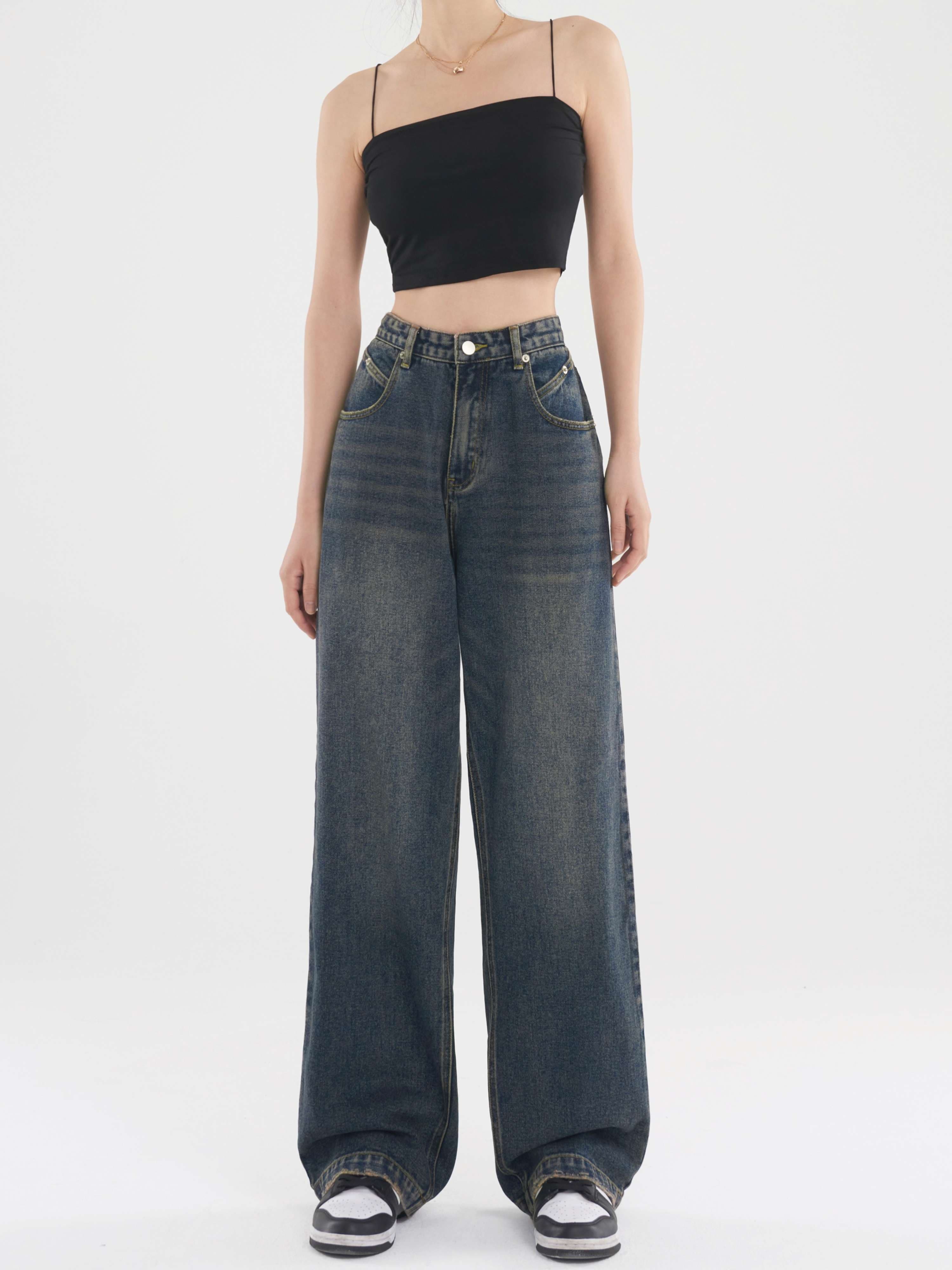 カジュアルスタイル ハイウエストワイドデニムパンツ