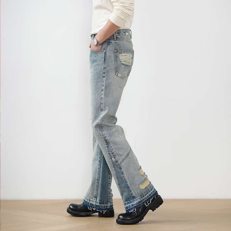 韓国スタイル ビンテージ風ダメージ加工ブーツカットデニム