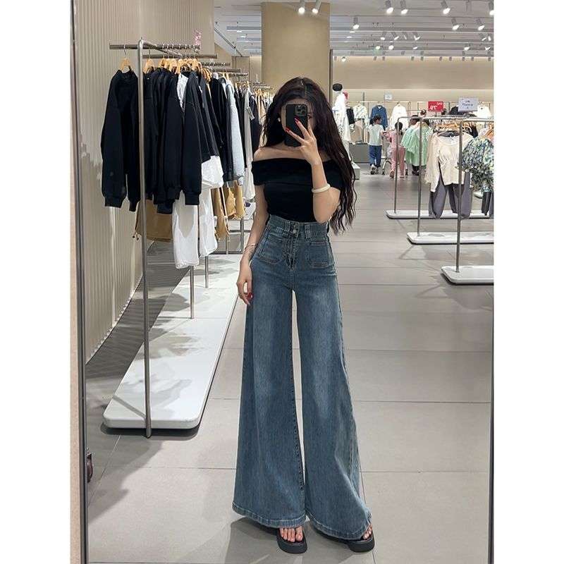 韓国スタイル トレンディワイドレッグデニムパンツ