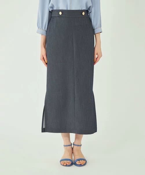 デニムスカート 上品シルエット ウエストボタン ミディ丈スカート