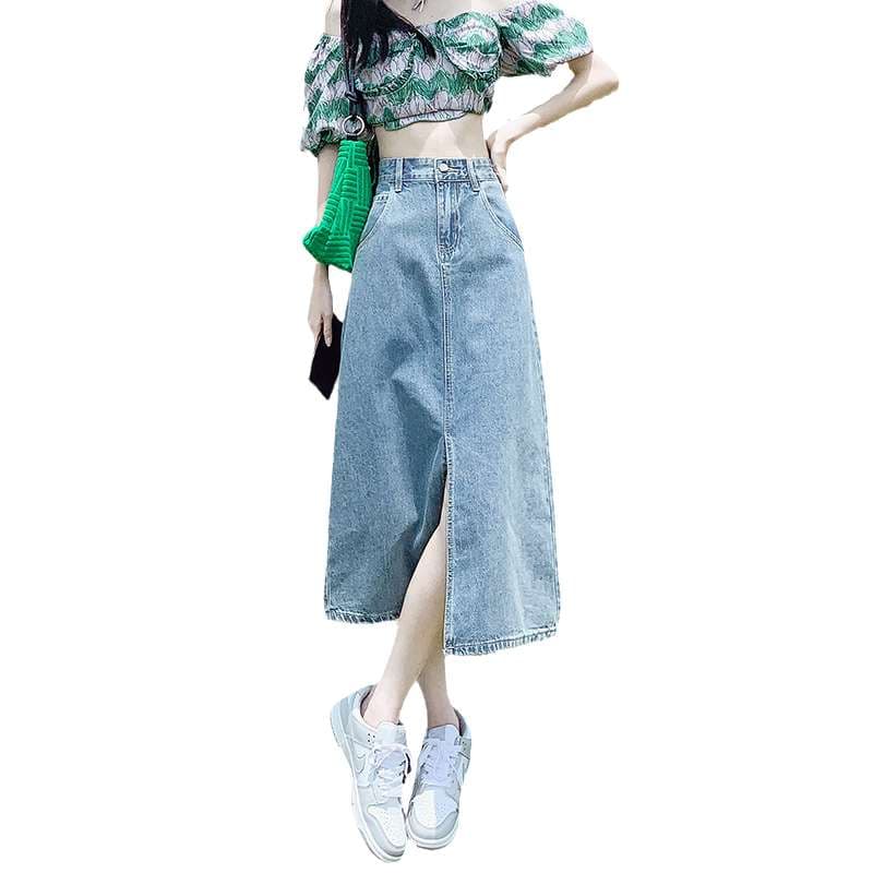 韓国スタイル ヴィンテージ風デニムロングタイトスカート