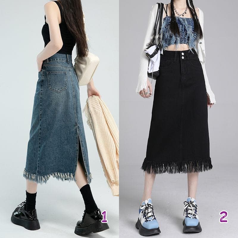 デニムスカート フリンジ裾デニムロングスカート レディース