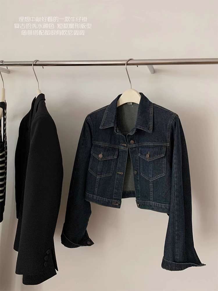 韓国スタイル クロップド丈クラシックデニムジャケット