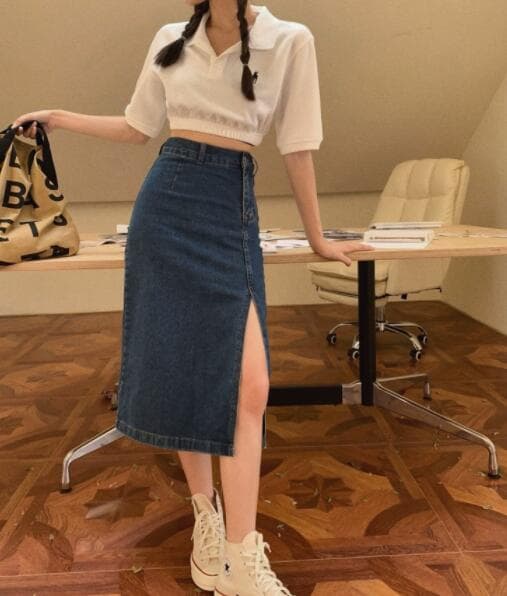 デニムスカート スリット入りデニムタイトスカート