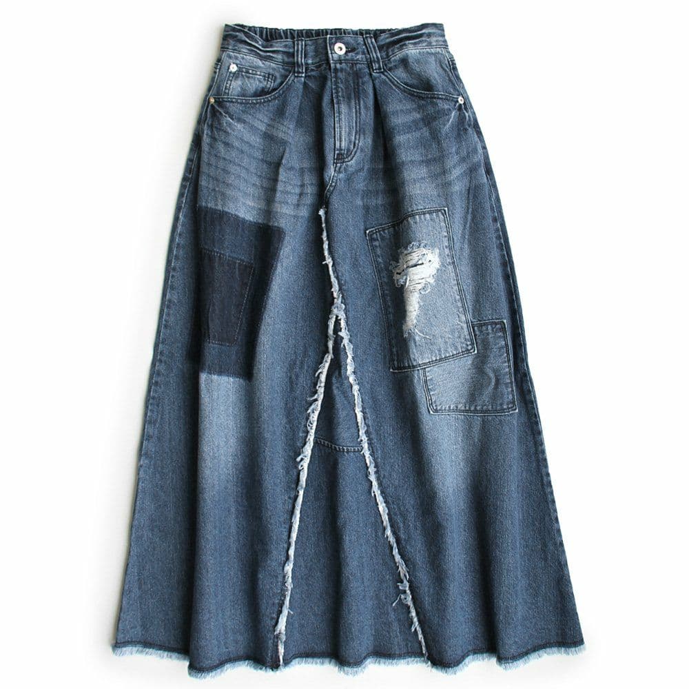 パッチワーク風デニムロングスカート