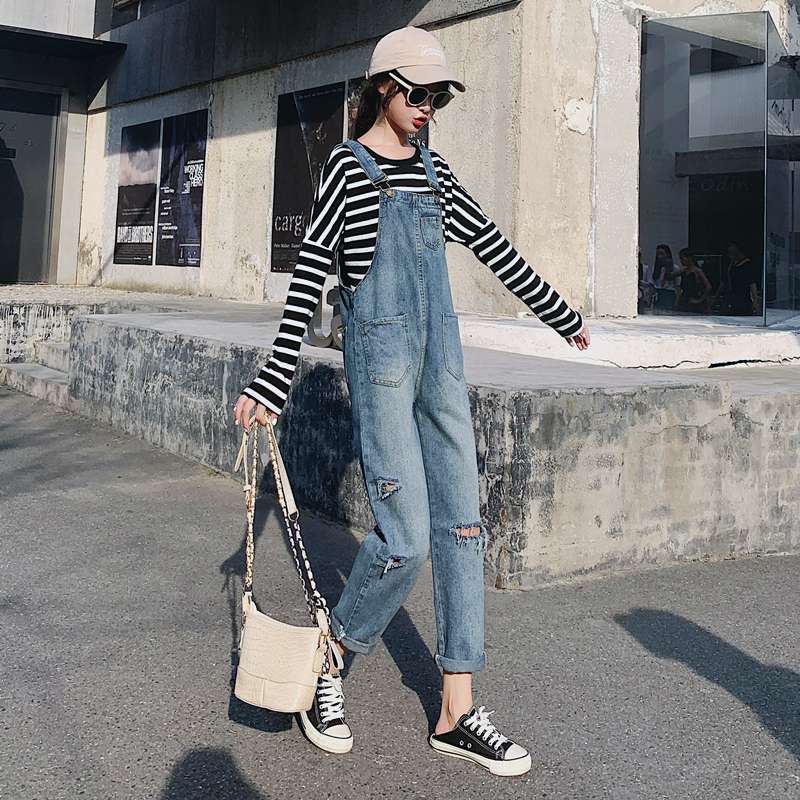 韓国スタイル ヴィンテージ風ダメージ加工デニムオーバーオール