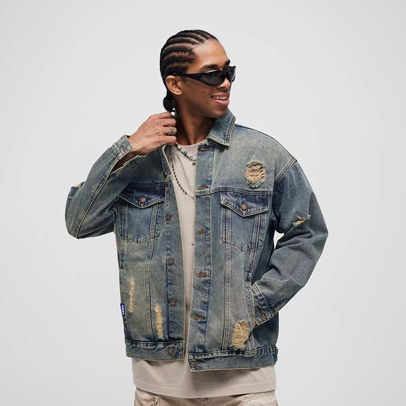 アメリカンカジュアル ヴィンテージ風ダメージ加工オーバーサイズデニムジャケット
