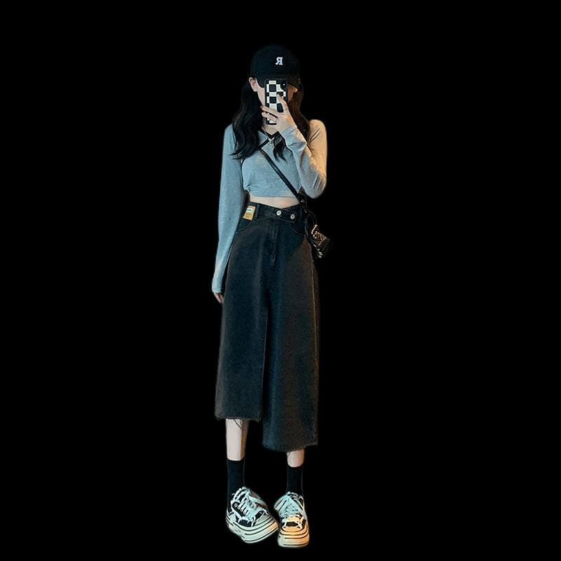 カジュアルスタイル　 ワイドフレアデニムロングスカート