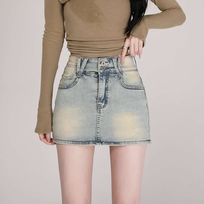 韓国スタイル ヴィンテージウォッシュ ミニデニムスカート