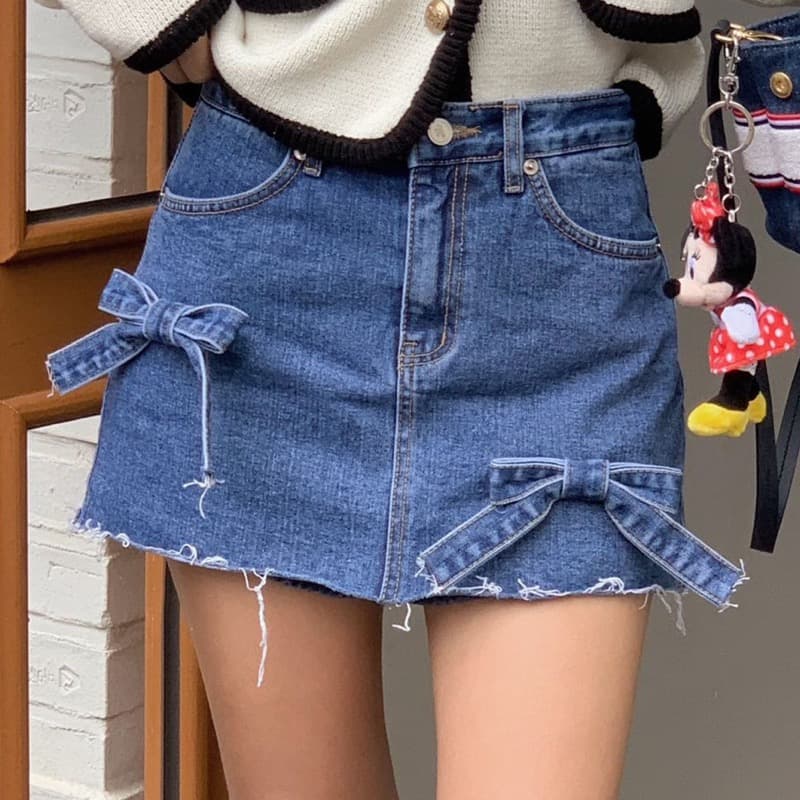 デニムスカート ハイウェスト ミニスカート リボンディテール付き