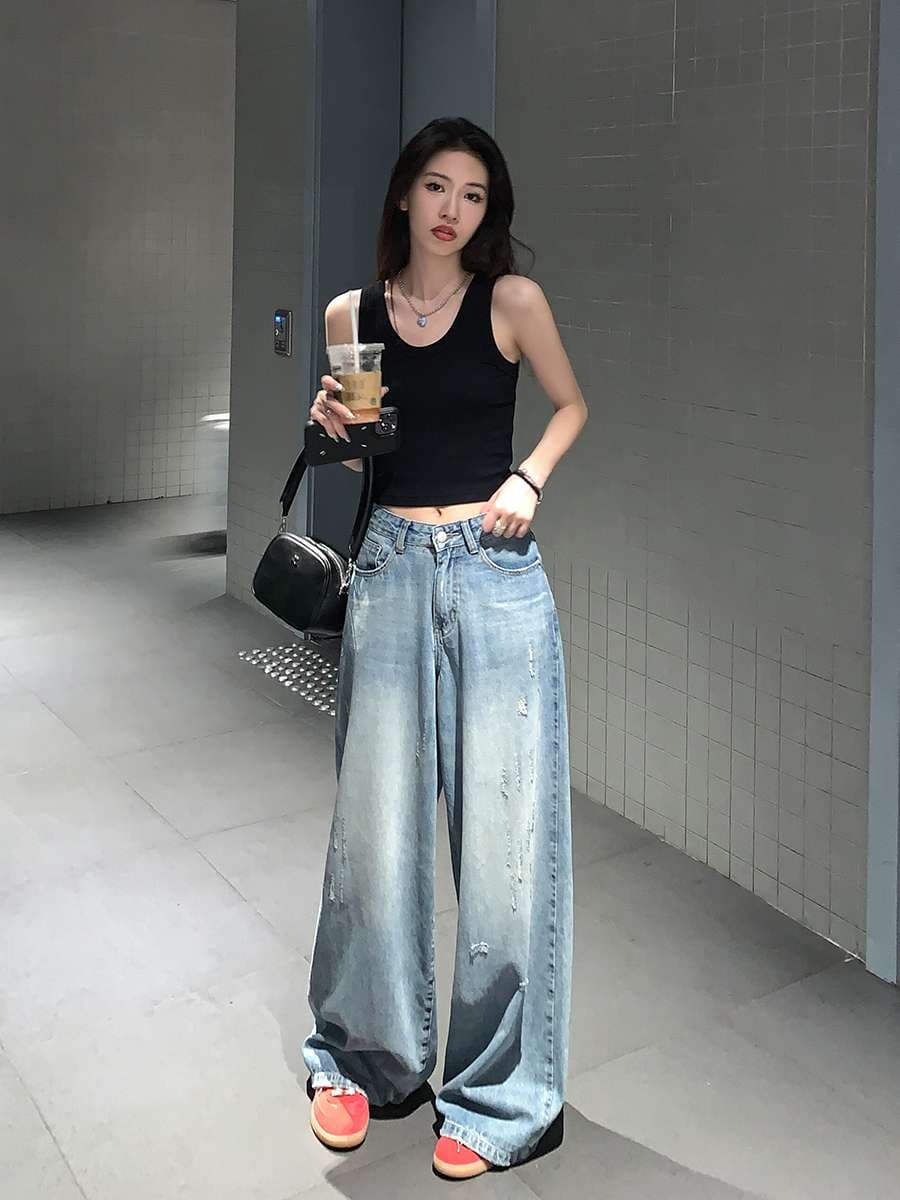 カジュアルスタイル オーバーサイズ ワイドデニムパンツ