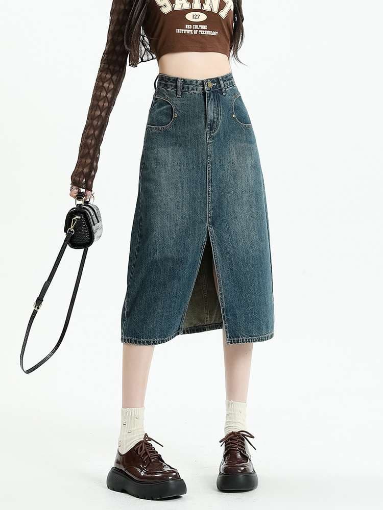 韓国スタイル デニムAラインロングタイトスカート