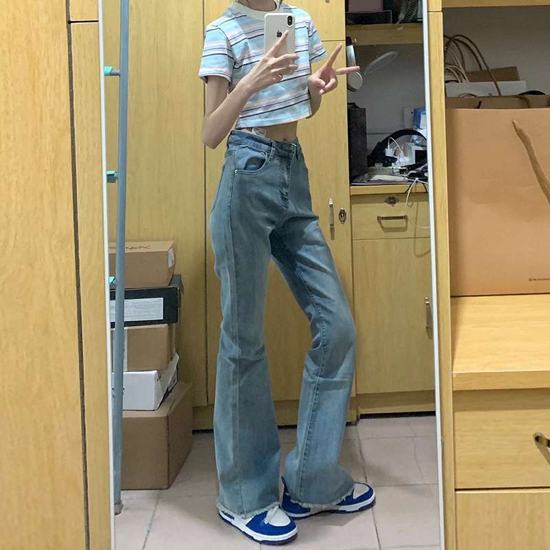 韓国スタイル ハイウエストフレアデニムパンツ