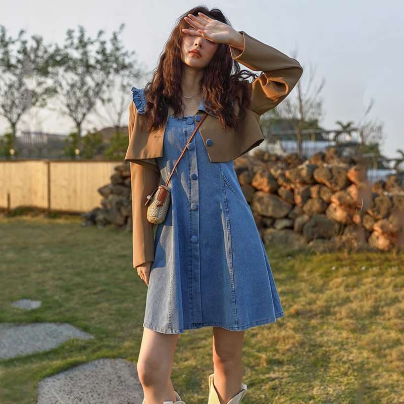 アメリカンスタイル 夏の風情デニムサロペットワンピース