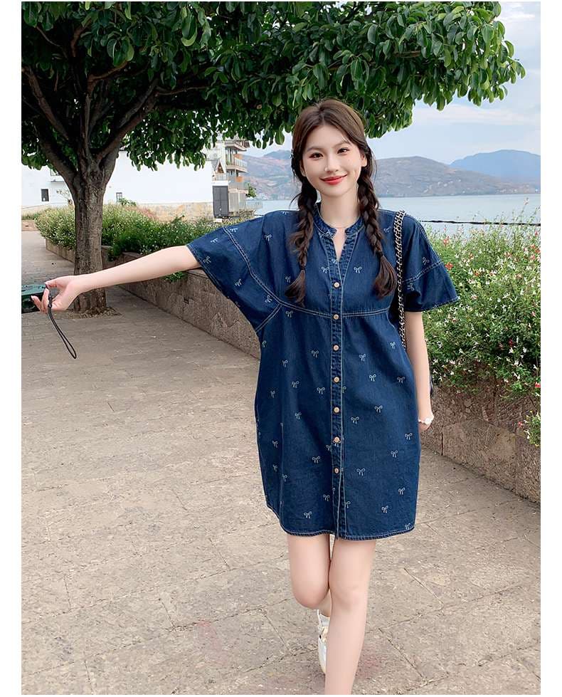 韓国スタイル リボン刺繍デニムシャツワンピース