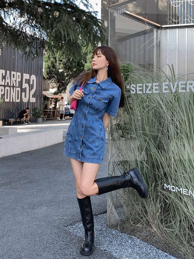 カジュアルスタイル デニムシャツワンピース ショート丈 タイトフィット