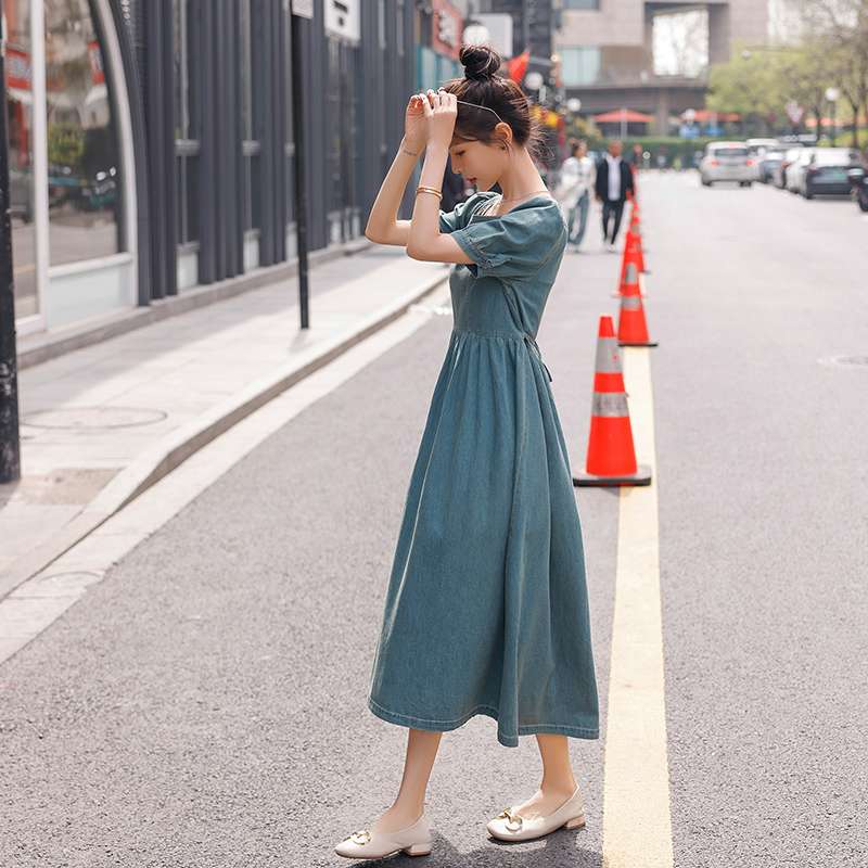 韓国スタイル エレガントパフスリーブデニムマキシワンピース