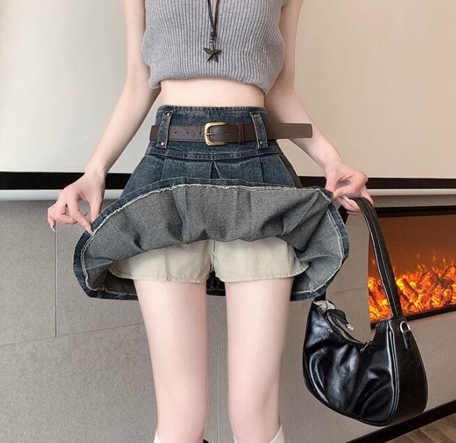 デニムスカート ハイウェストプリーツミニスカート