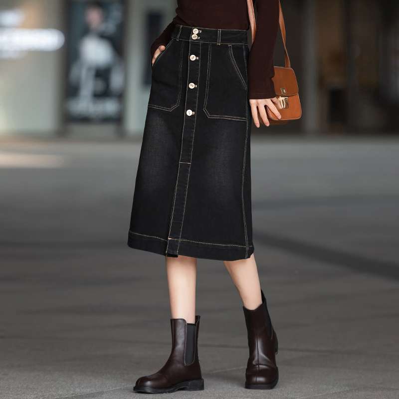 カジュアルスタイル フロントボタン デニムロングタイトスカート