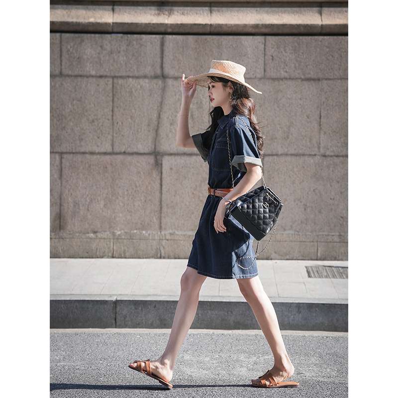 韓国スタイル 夏の涼しげデニムシャツワンピース