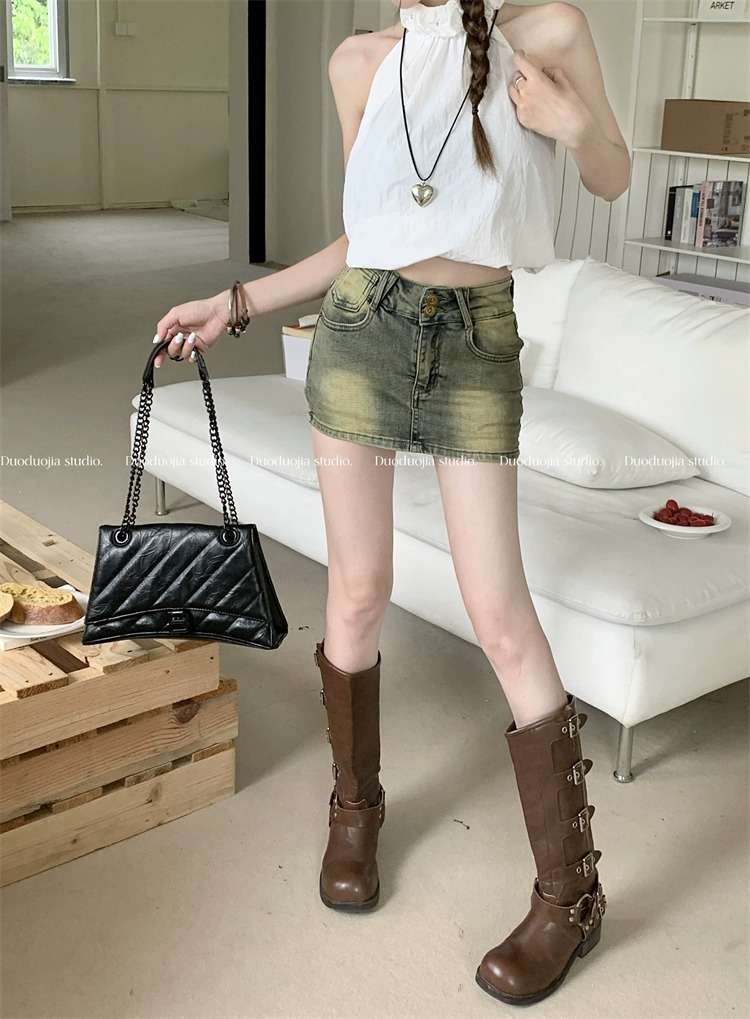 カジュアルスタイル　 ヴィンテージ風デニムミニスカート