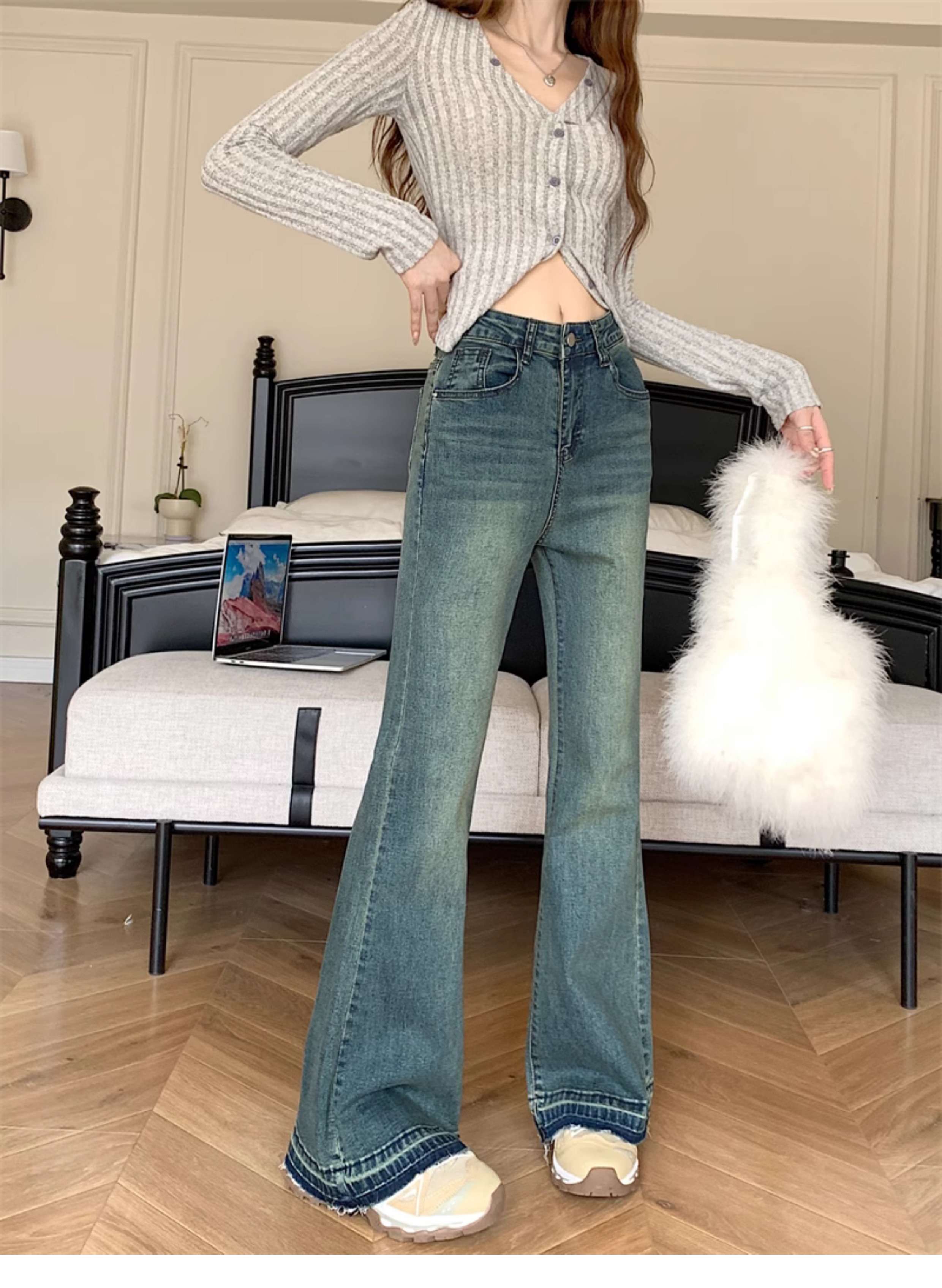 韓国スタイル レトロフレアデニム ハイウエストジーンズパンツ