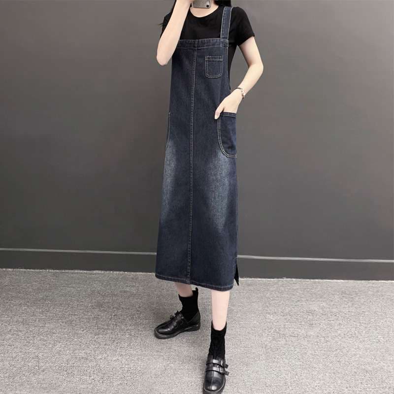 カジュアルスタイル　オーバーオールデザインデニムワンピース　サロペット