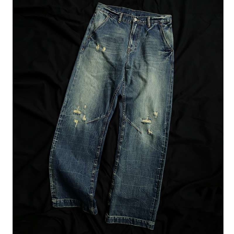 アメリカンスタイル ヴィンテージ風ダメージ加工ワイドデニム