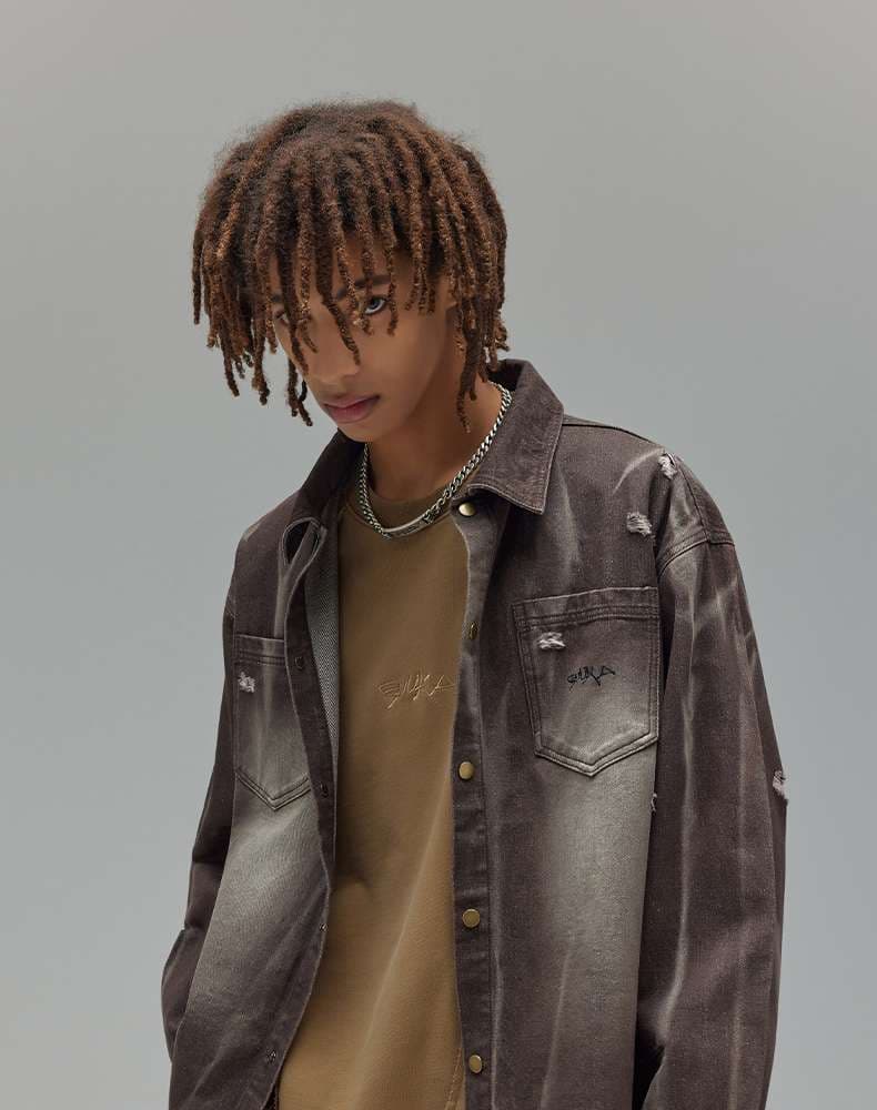 アメリカンカジュアル ヴィンテージ風ダメージ加工デニムシャツジャケット