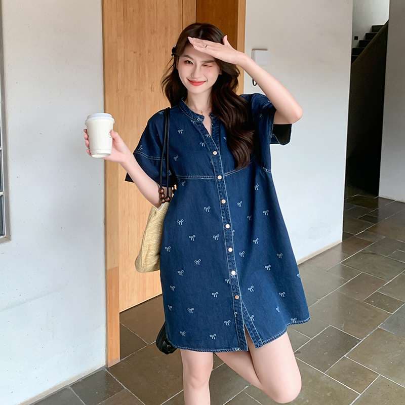 韓国スタイル リボン刺繍デニムシャツワンピース