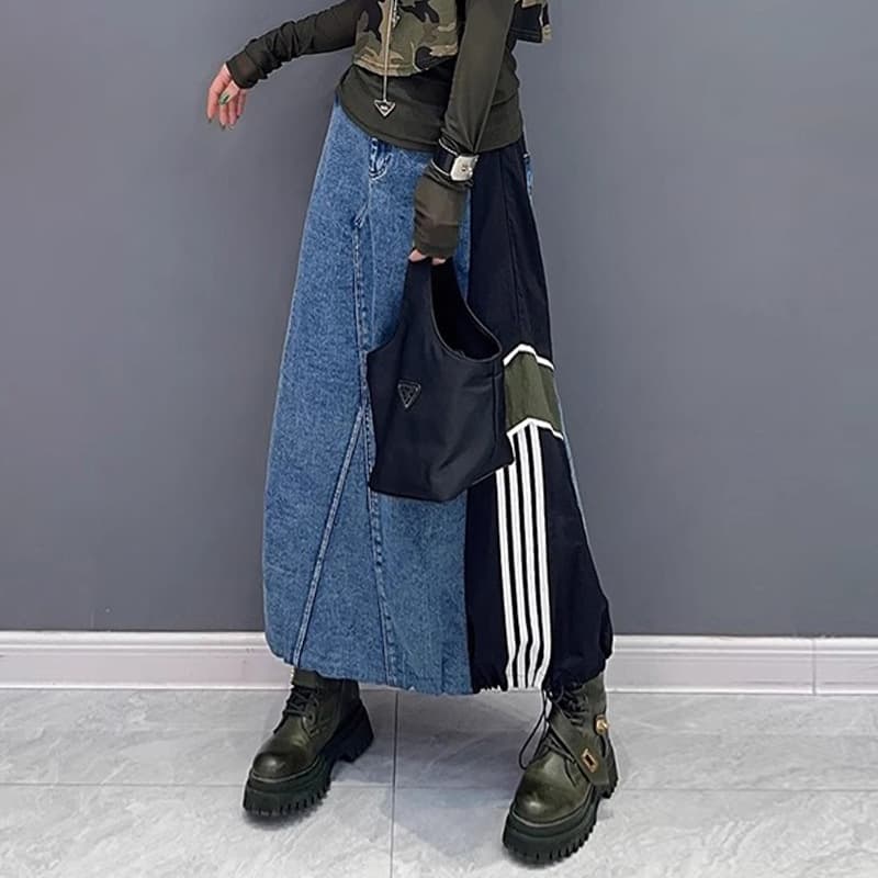 デニムスカート 異素材切替デニムロングスカート