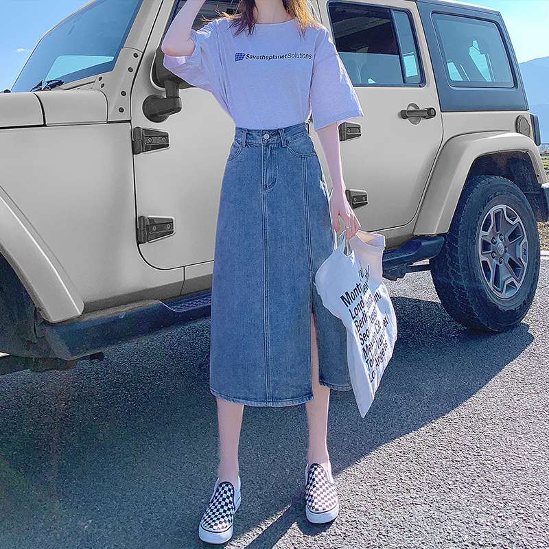 韓国スタイル デニムミディスリットスカート