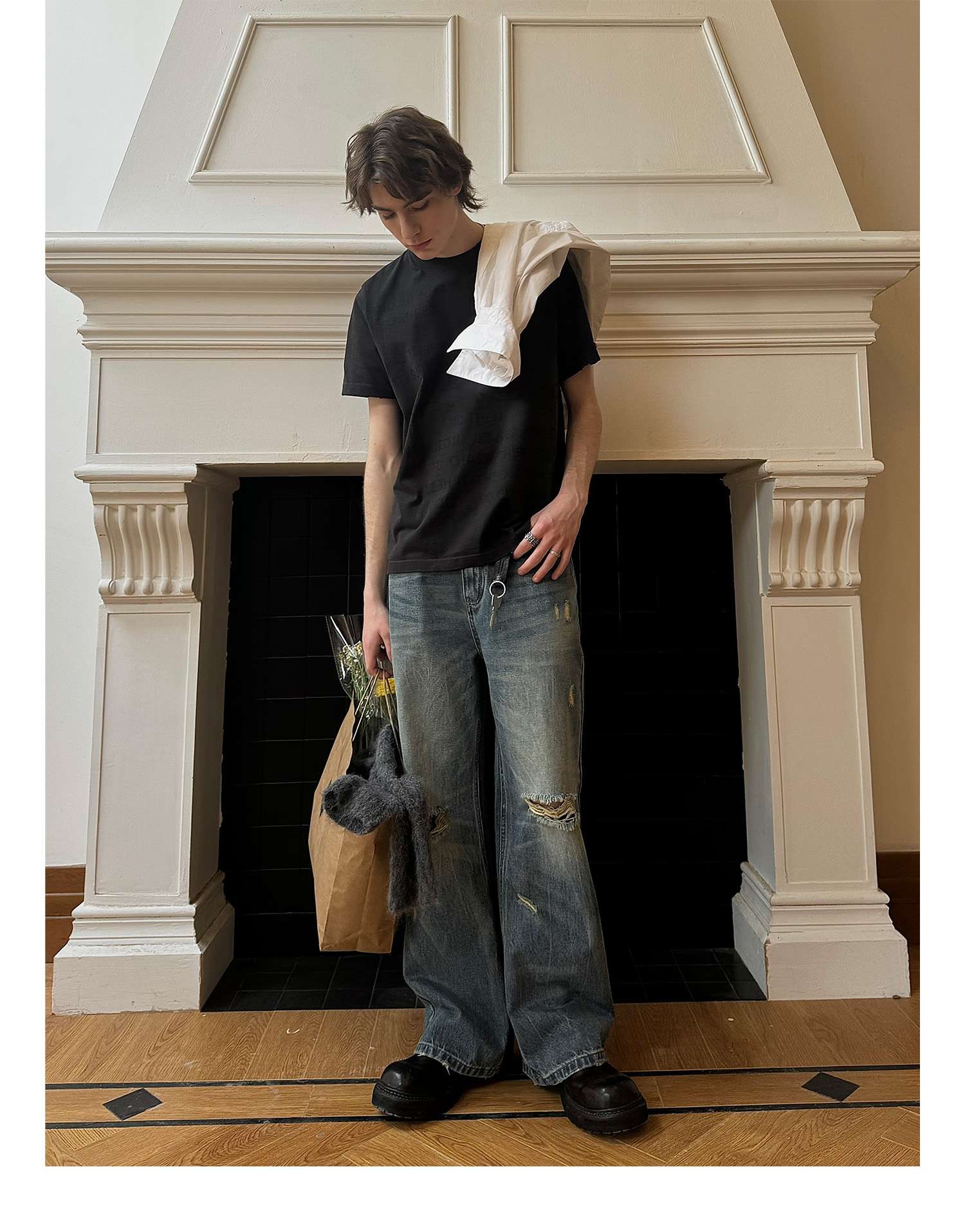 アメリカンスタイル ヴィンテージ風ダメージ加工ワイドデニム