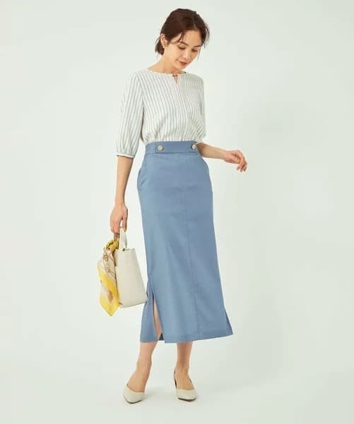 デニムスカート 上品シルエット ウエストボタン ミディ丈スカート