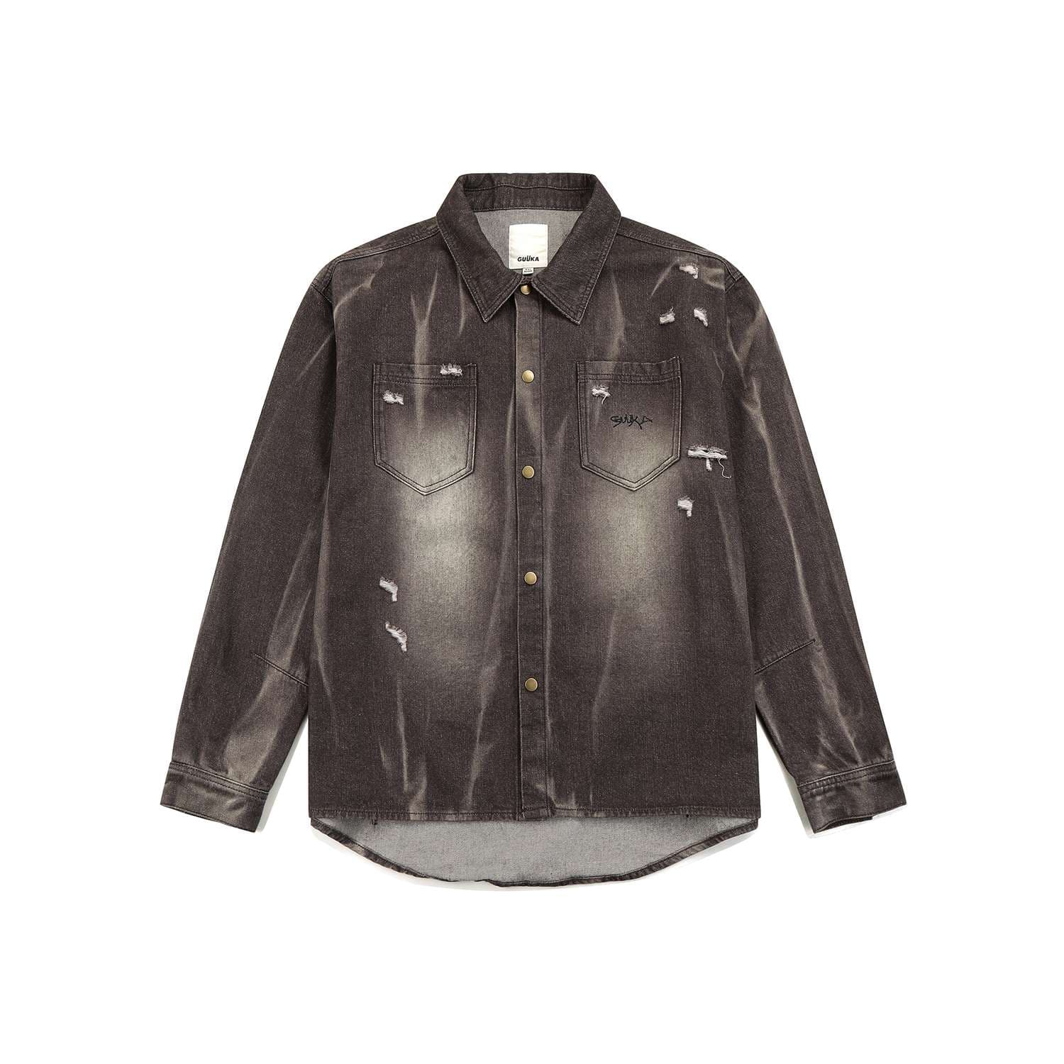 アメリカンカジュアル ヴィンテージ風ダメージ加工デニムシャツジャケット