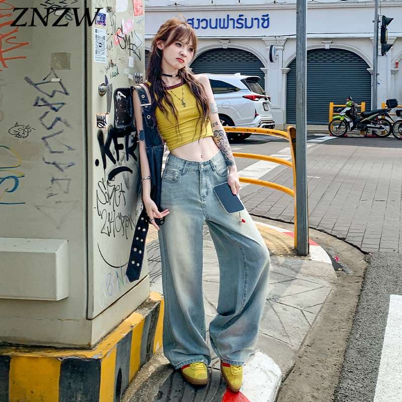 韓国スタイル ストリートワイドデニムパンツ