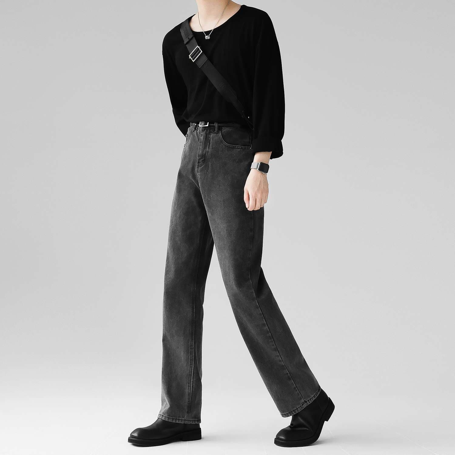 韓国スタイル ハイウエストワイドストレートデニム