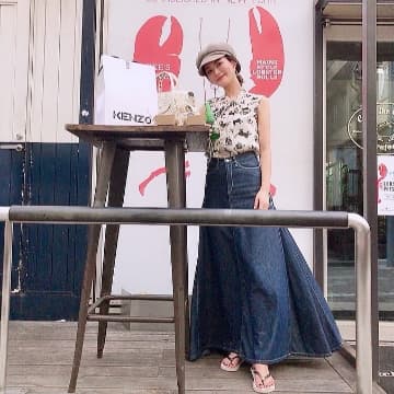 デニム フレア切替えマキシ丈スカート