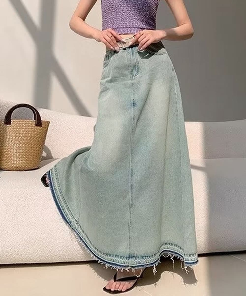 デニムスカート　切りっぱなしフリンジデニムスカート 韓国風ロングスカート