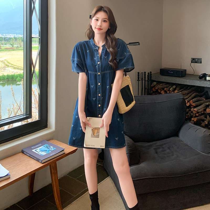 韓国スタイル リボン刺繍デニムシャツワンピース